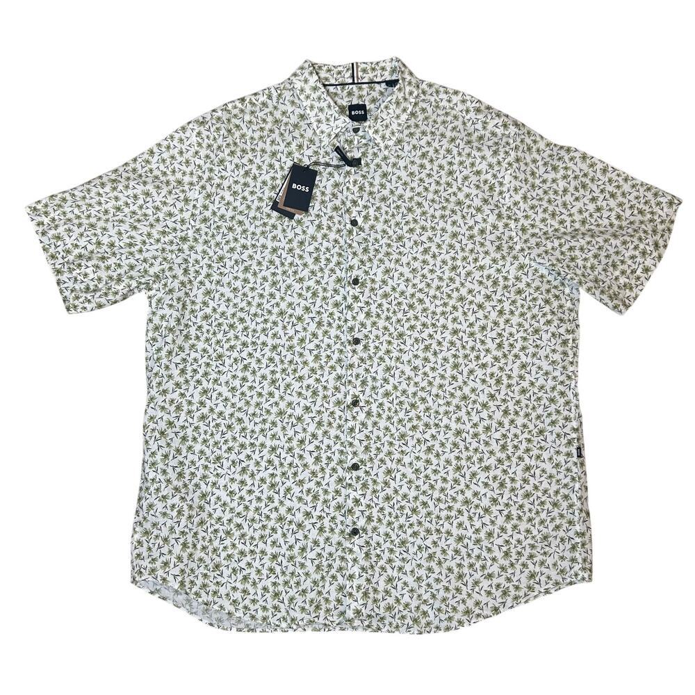 Hugo Boss NWT men's Roan kent short sleeve linen stretch green‎ button down XXL